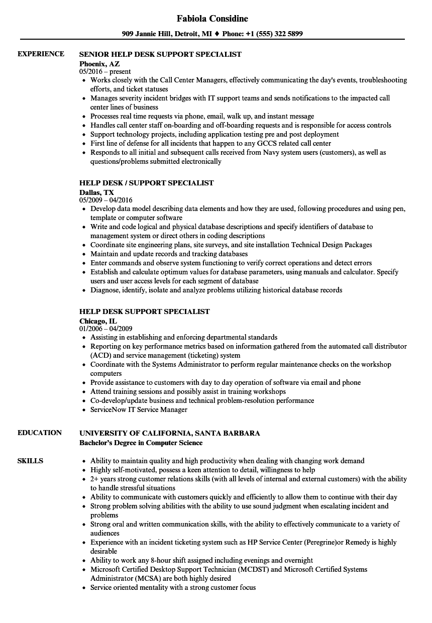 Help Desk Support Specialist Resume Samples Velvet Jobs