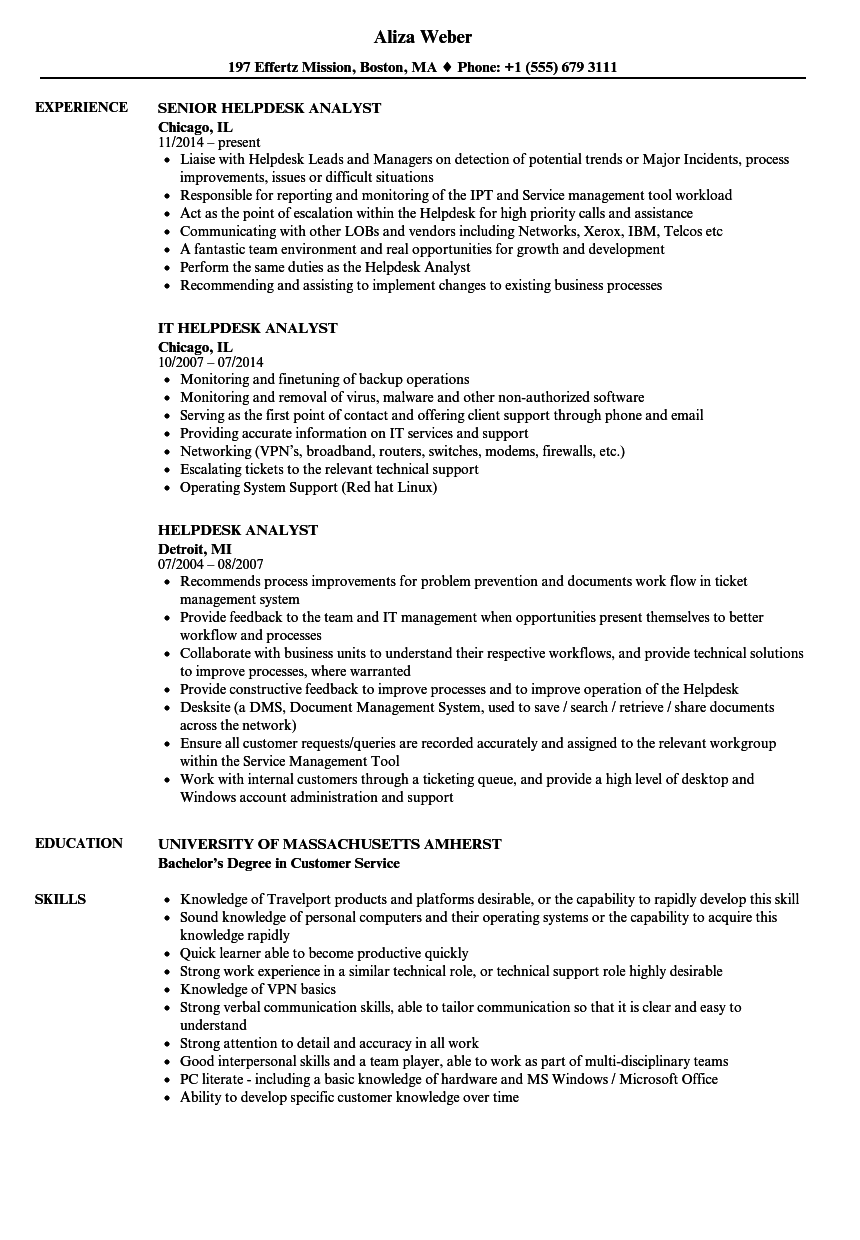 Helpdesk Analyst Resume Samples Velvet Jobs