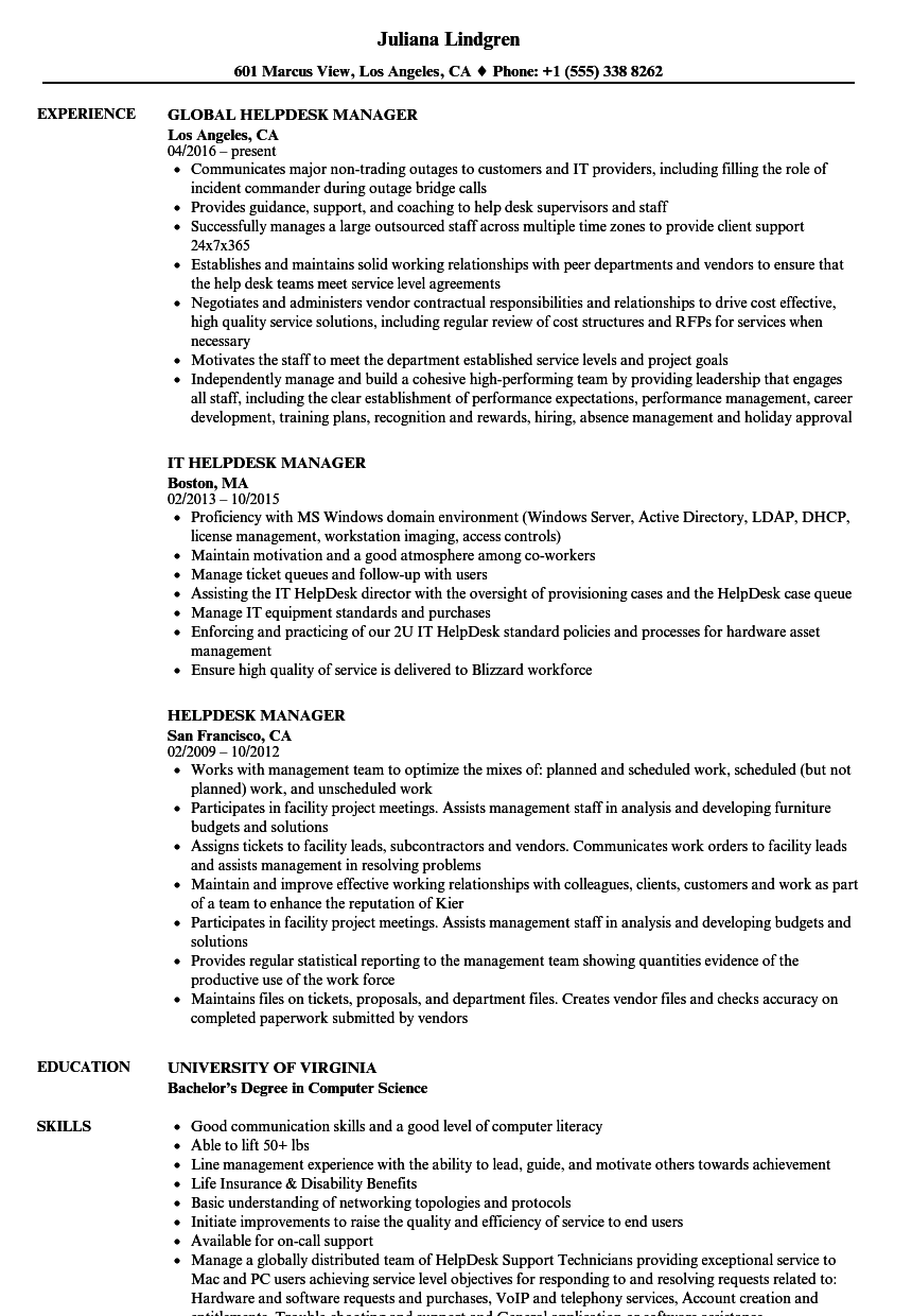 Helpdesk Manager Resume Samples Velvet Jobs