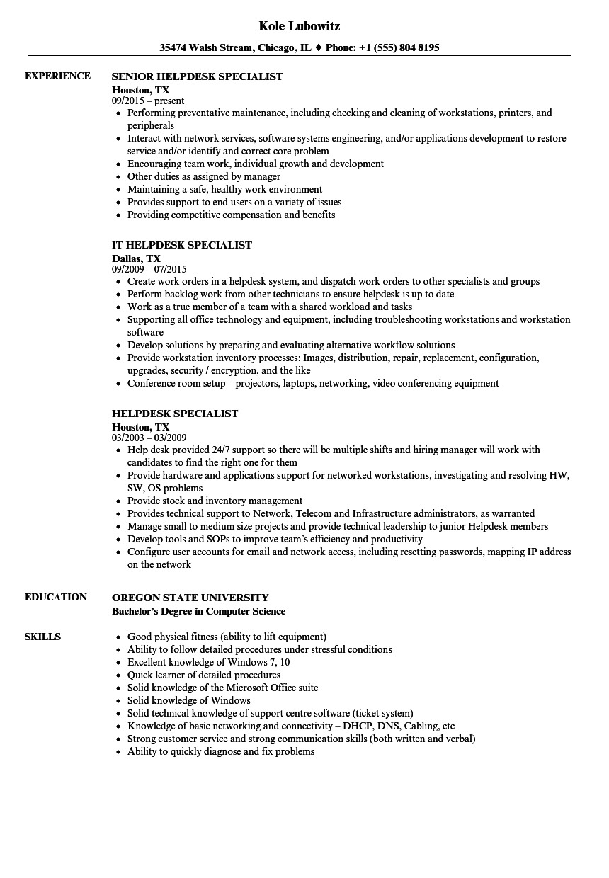 Helpdesk Specialist Resume Samples Velvet Jobs