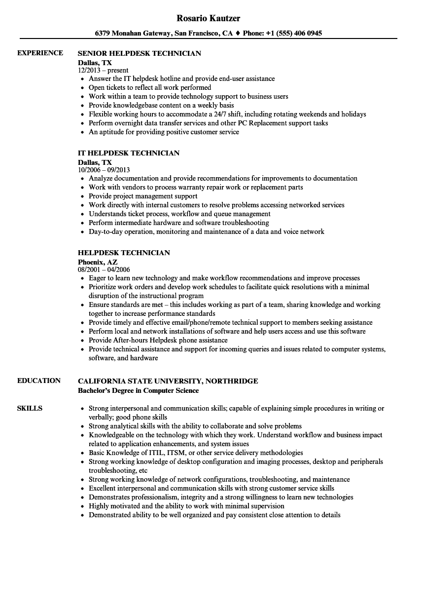 Helpdesk Technician Resume Samples Velvet Jobs