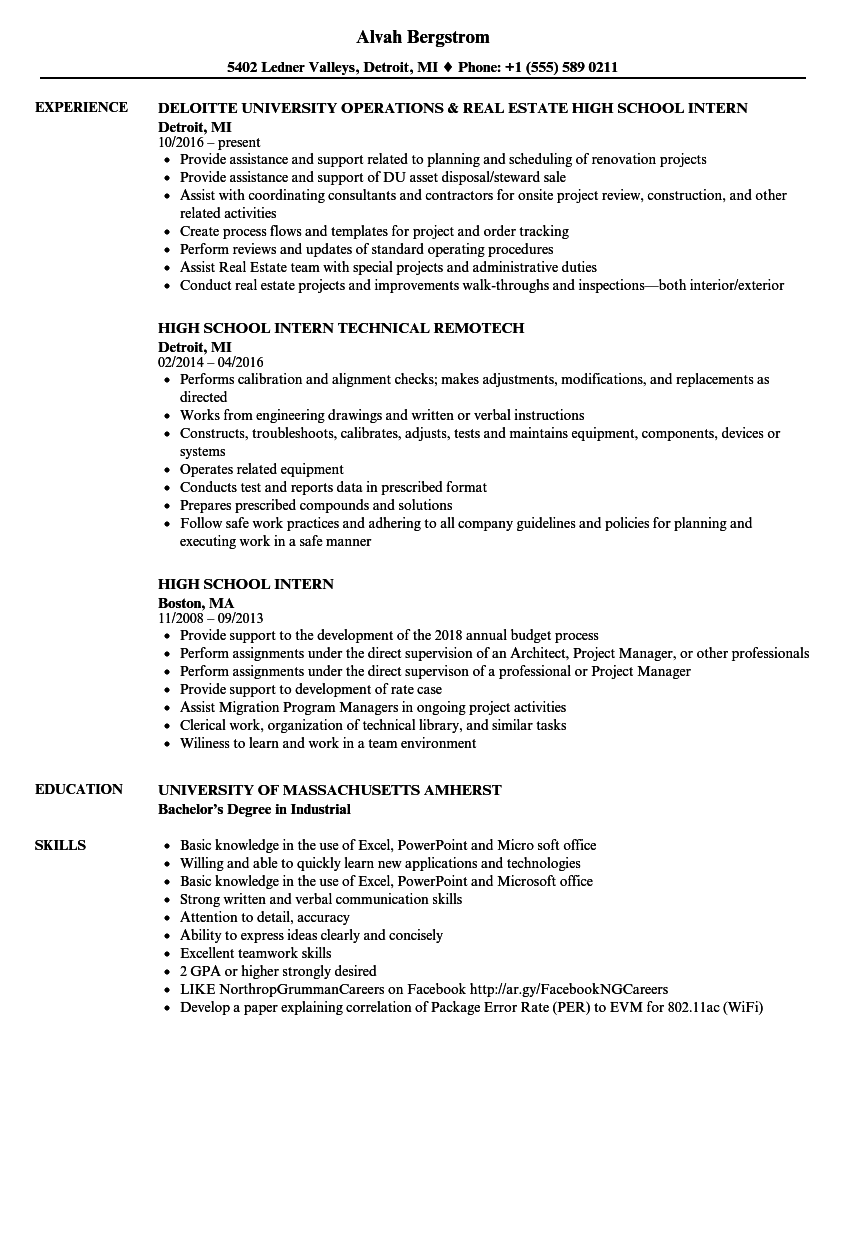 resume for high school student seeking internship