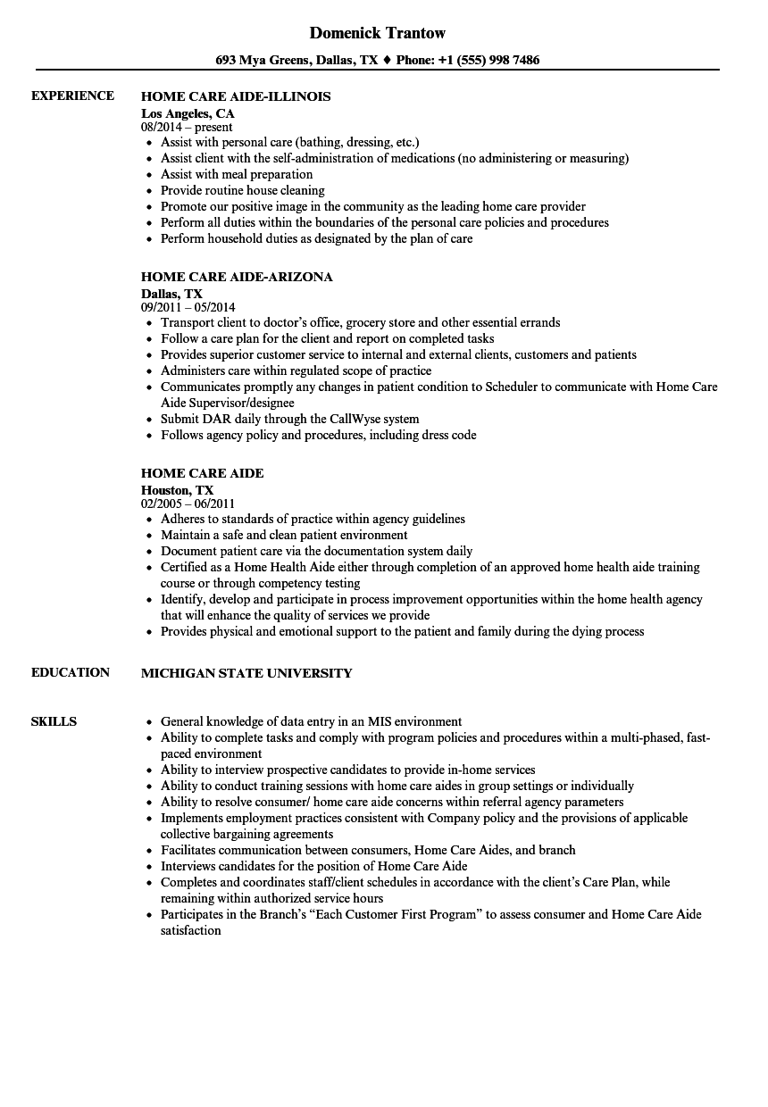 Home Care Aide Resume Samples | Velvet Jobs