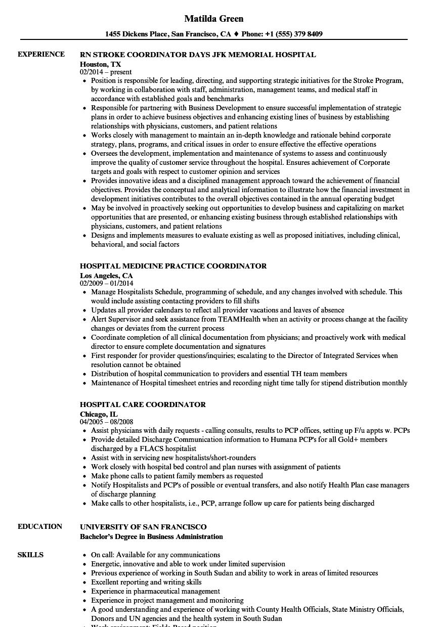 Hospital Coordinator Resume Samples | Velvet Jobs