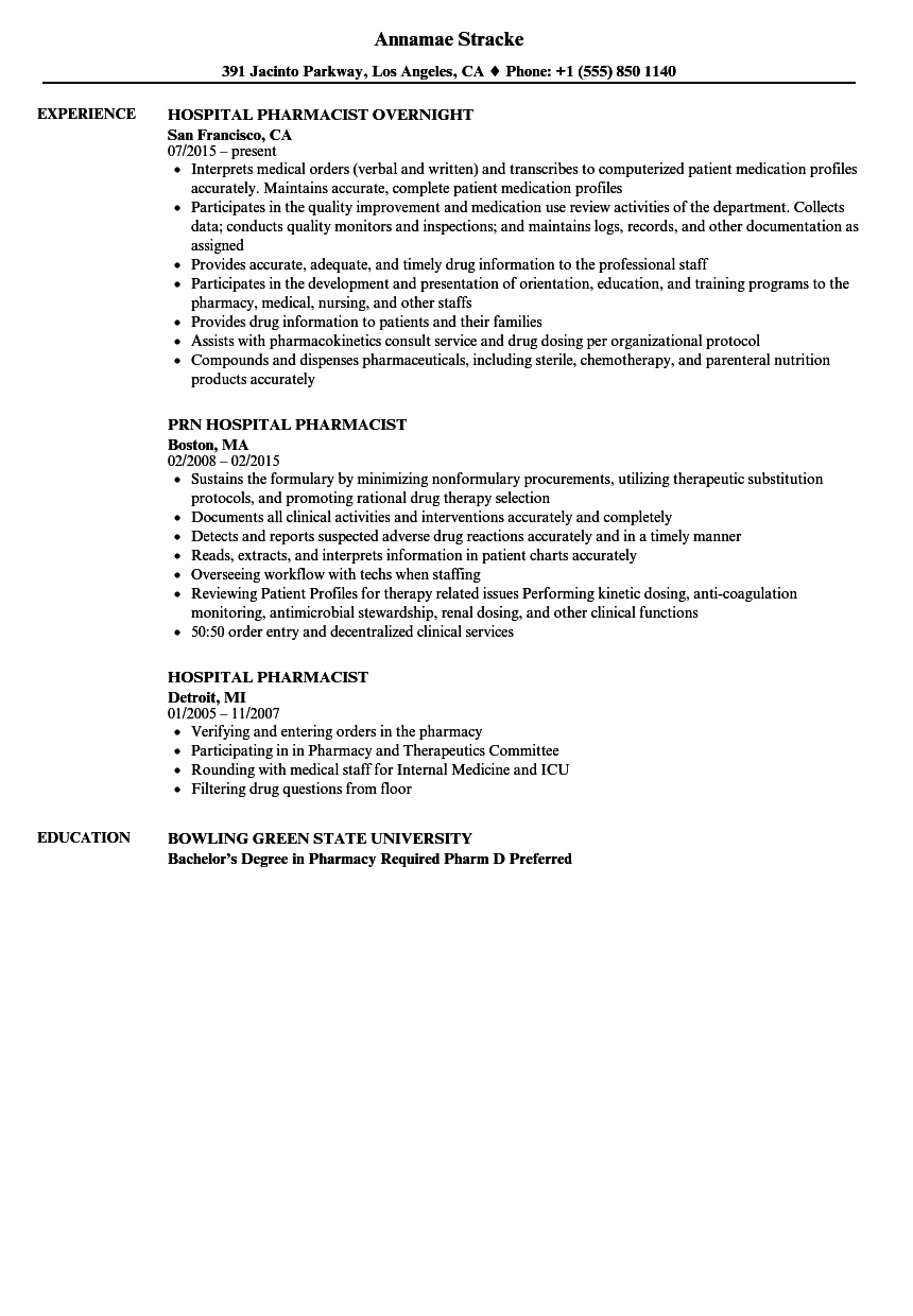 Hospital Pharmacist Resume Samples Velvet Jobs