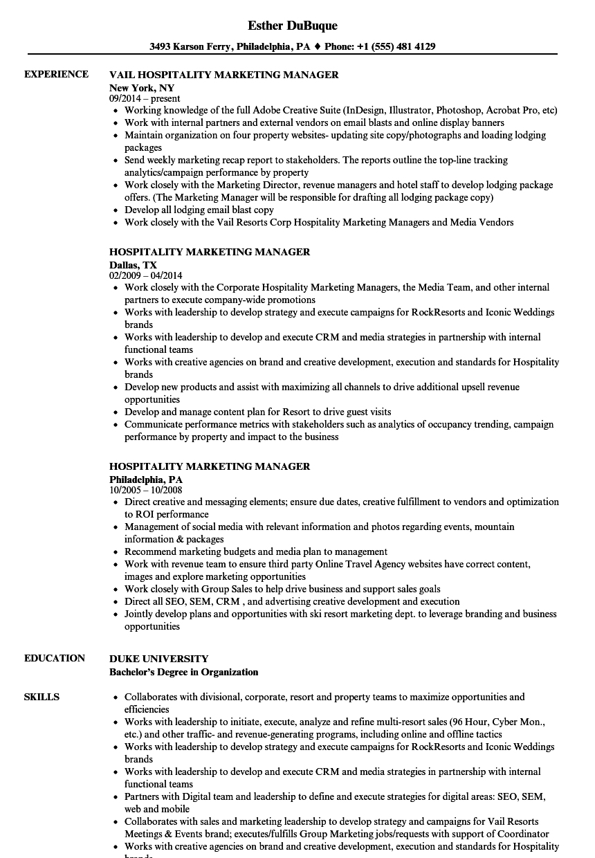 Hospitality Marketing Manager Resume Samples | Velvet Jobs