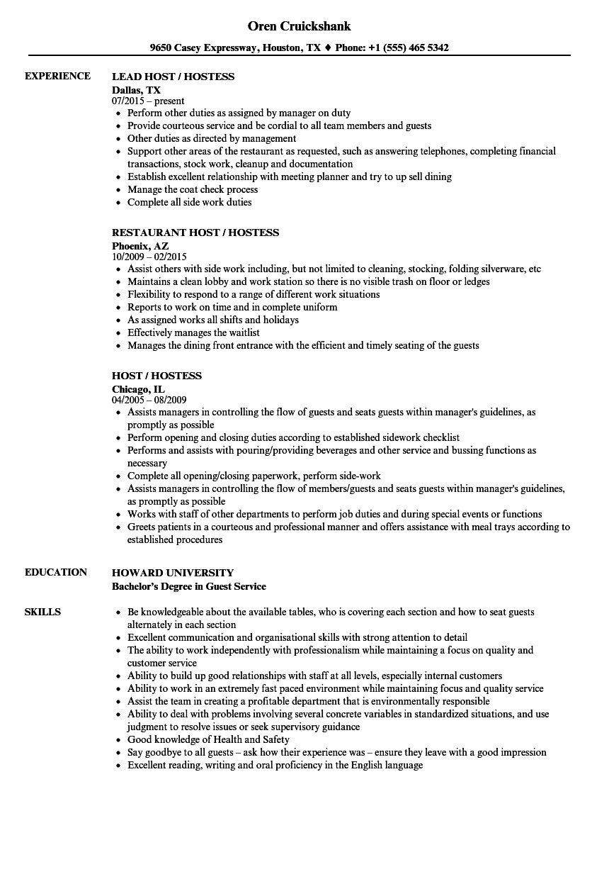 sample job description for resume hostess