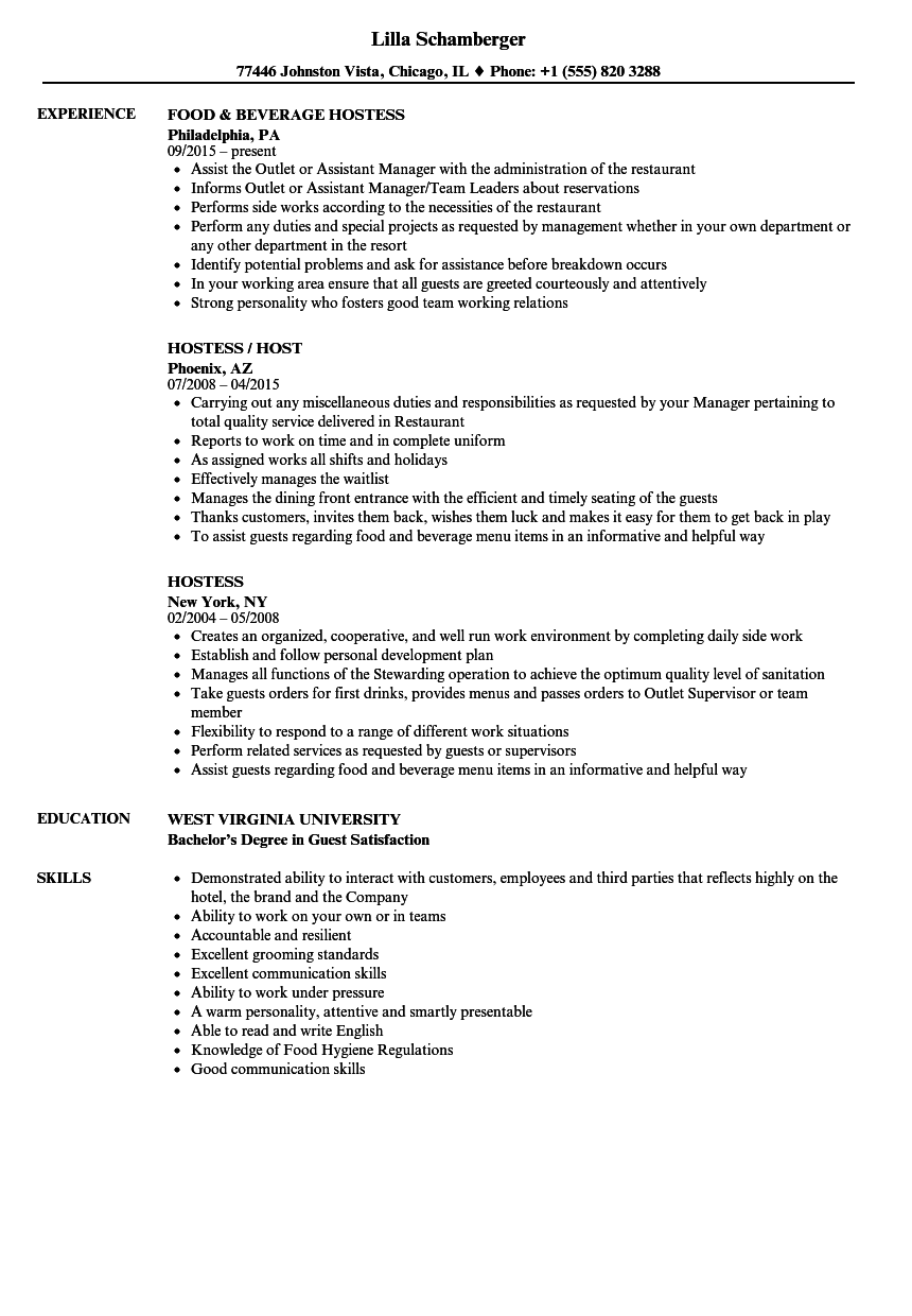 hostess server job description for resume