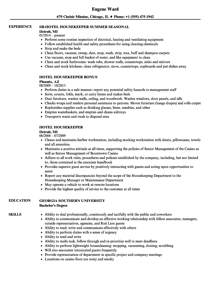 resume for hotel cleaner