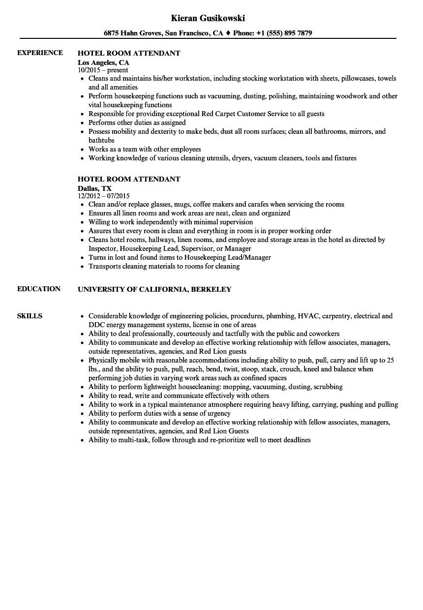 resume sample for hotel room attendant