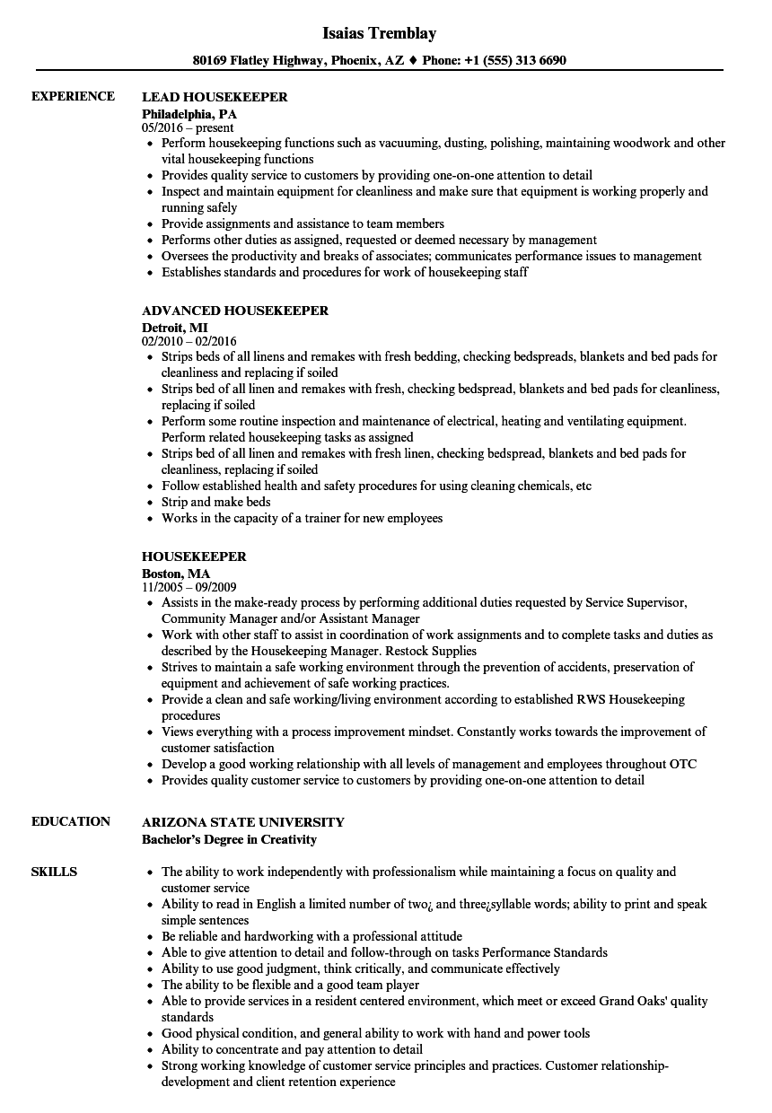 Housekeeper Resume Samples Velvet Jobs