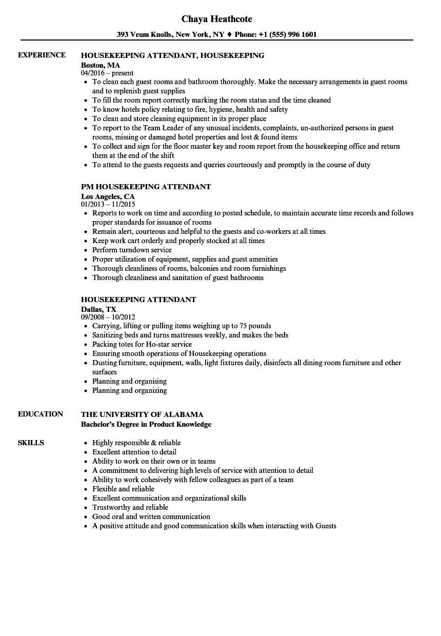 Housekeeping Attendant Resume Samples Velvet Jobs