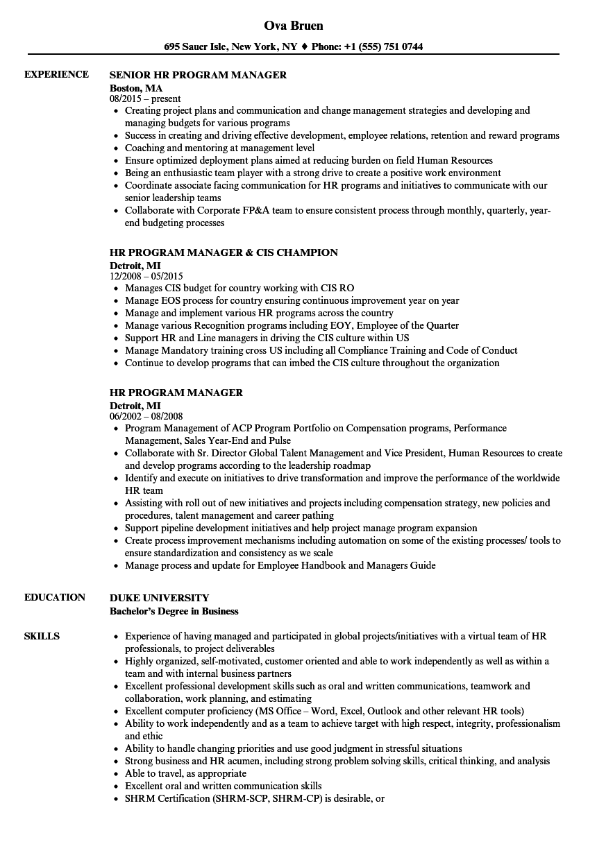 hr manager duties for resume