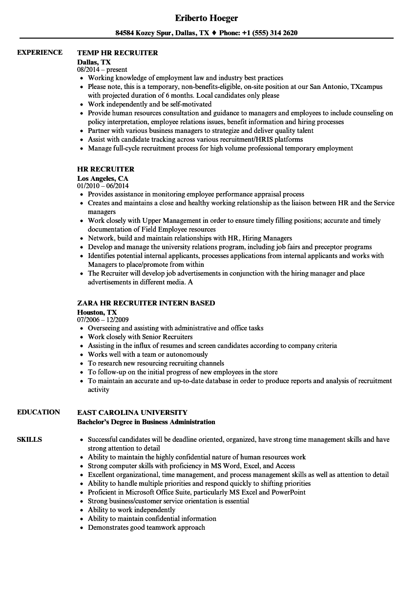 sample resume for hr recruiter fresher