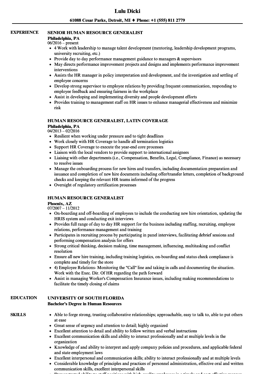 Hr Generalist Resume Sample