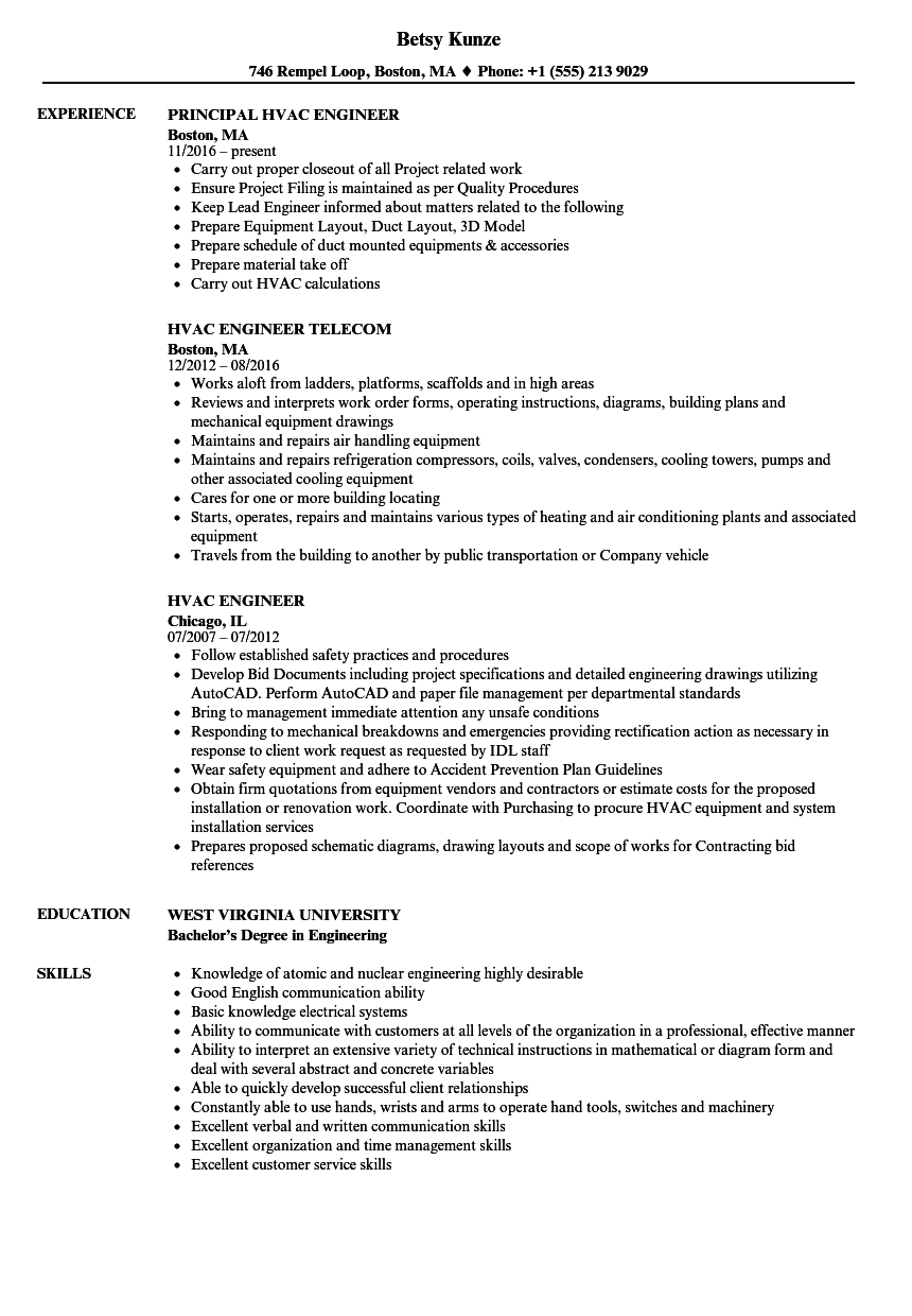 Hvac Engineer Resume Samples | Velvet Jobs