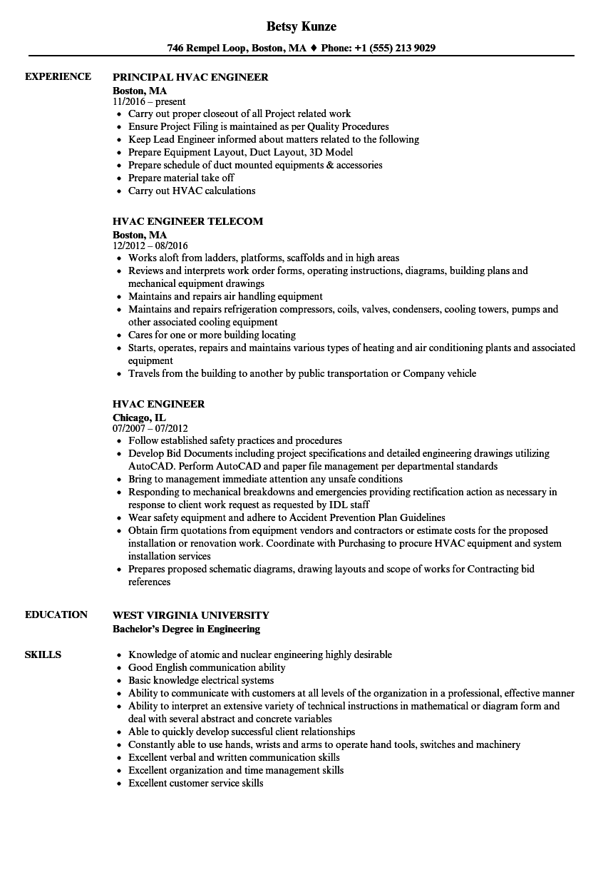 Sample Cv Mechanical Engineer Hvac HVAC Engineer Resume