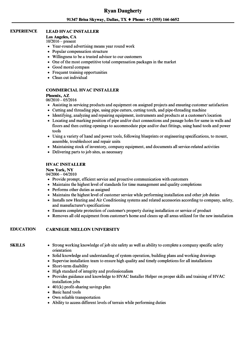 Sample Resume For Hvac Technician