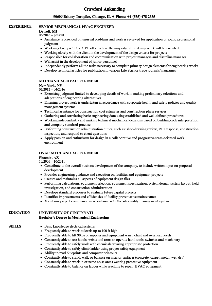 Sample Cv Mechanical Engineer Hvac - HVAC Engineer CV Example