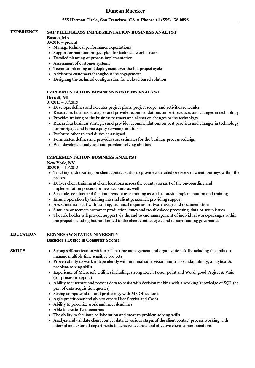 Implementation Business Analyst Resume Samples | Velvet Jobs