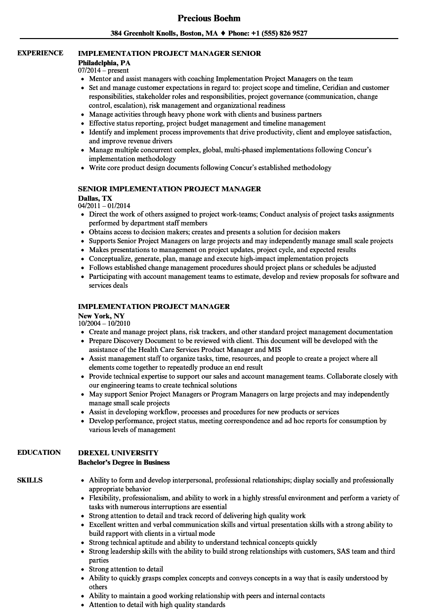 implementation project manager resume examples