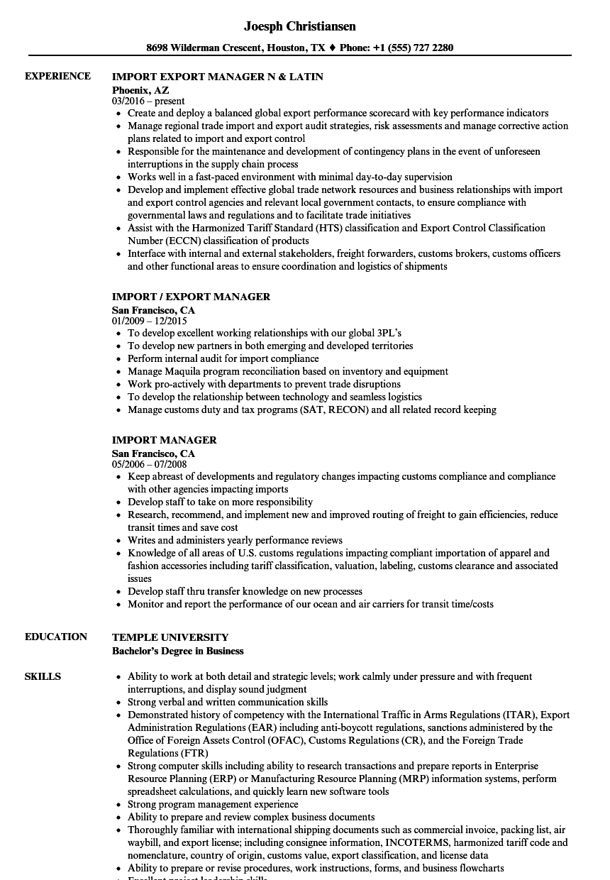 Import Manager Resume Samples Velvet Jobs