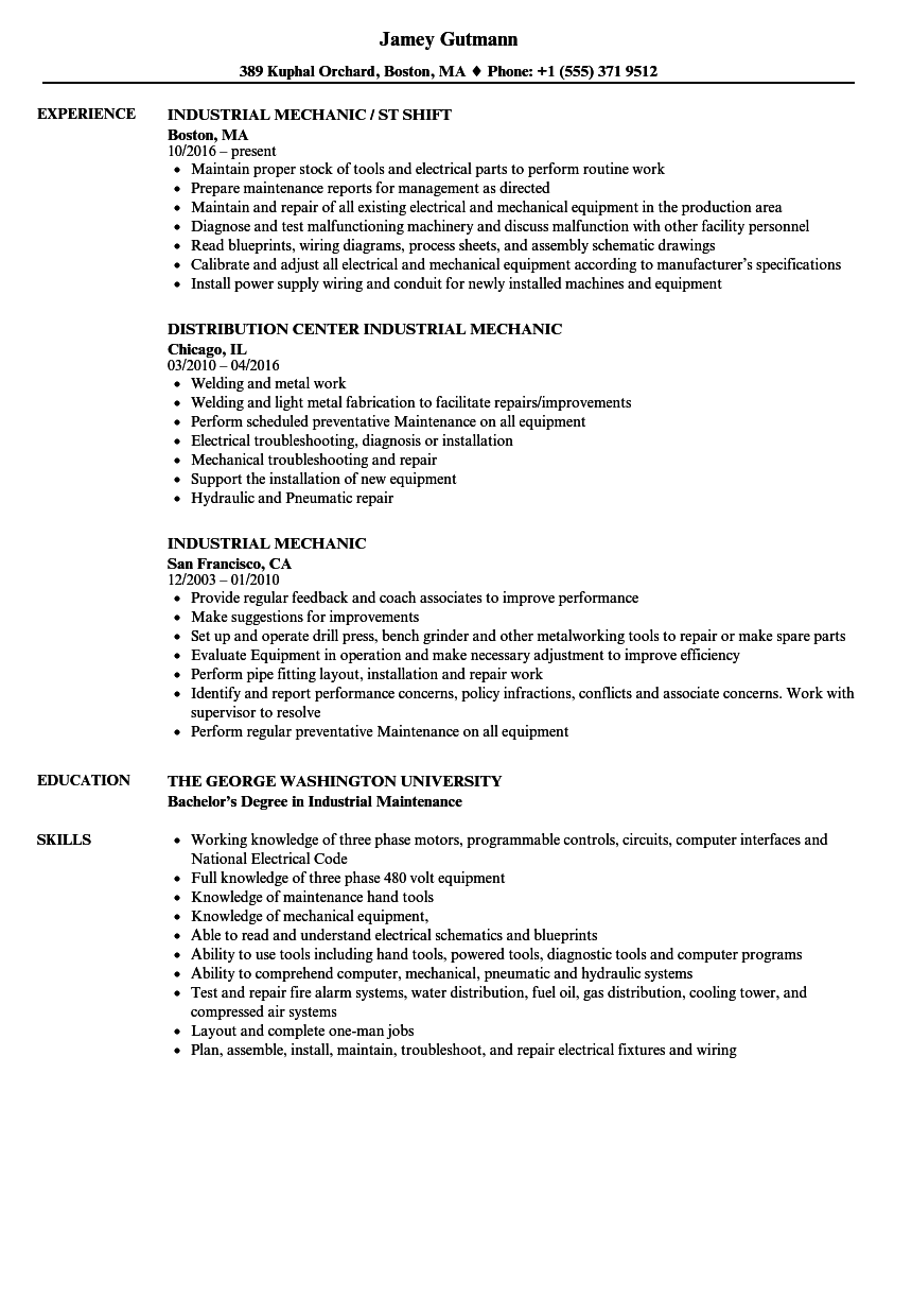Industrial Maintenance Mechanic Resume