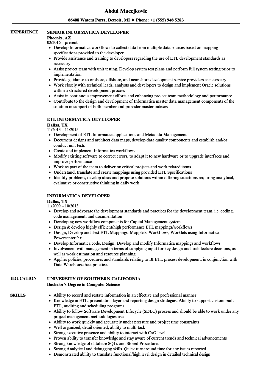 sample resume for informatica developer fresher