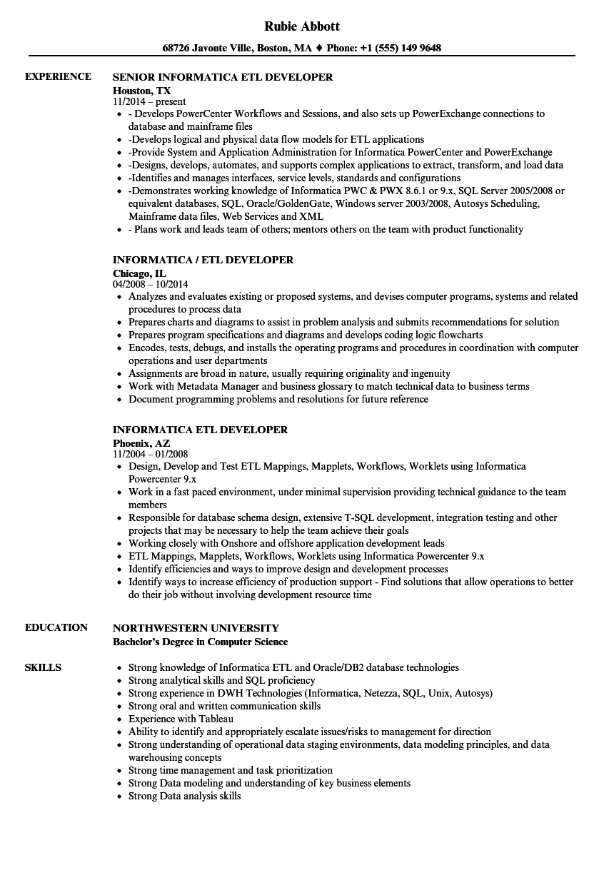 sample resume for informatica developer fresher