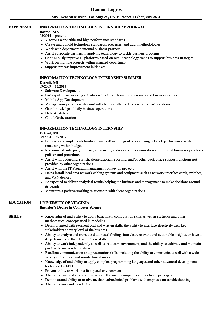 Information Technology Internship Resume Samples | Velvet Jobs