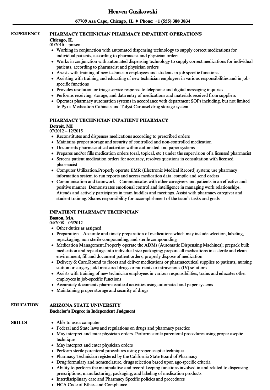 sample resume for hospital pharmacy technician