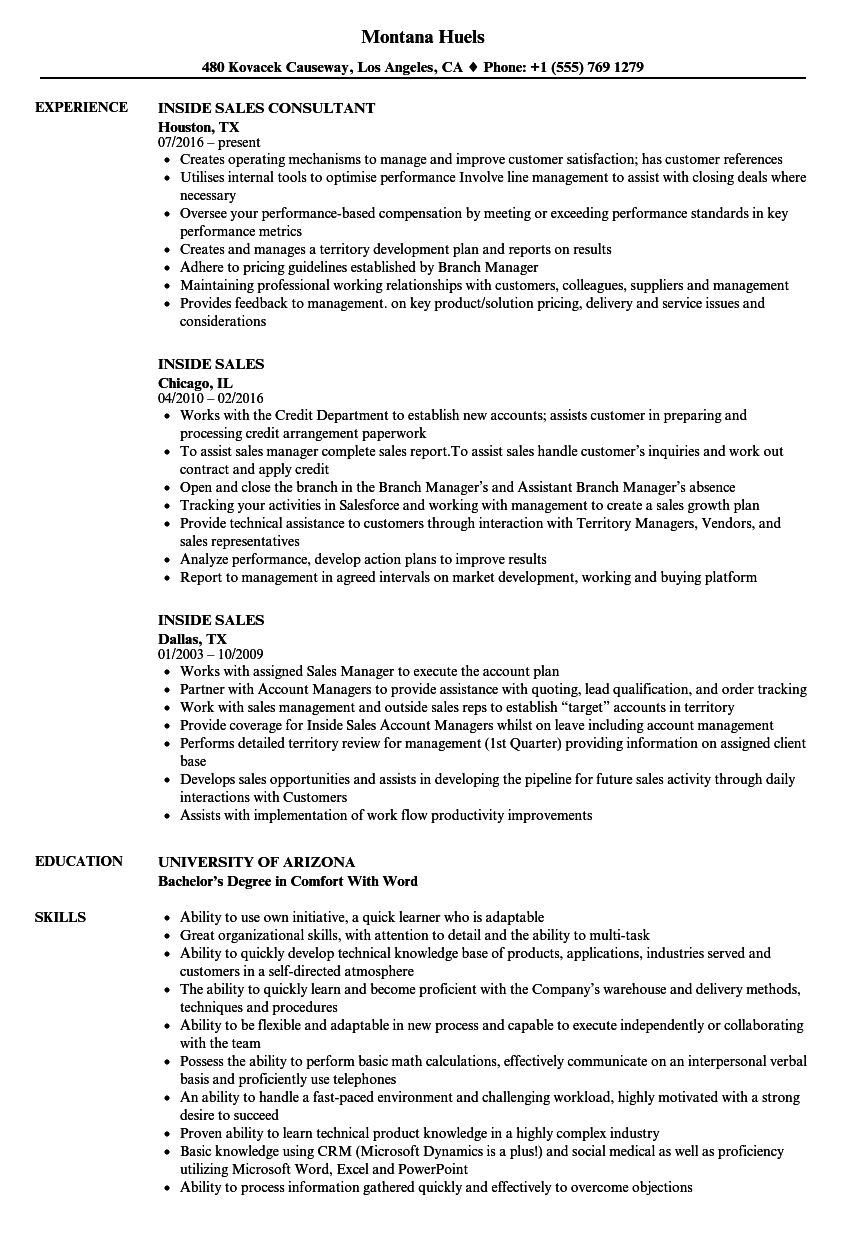 Inside Sales Resume Samples Velvet Jobs