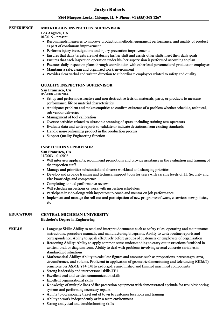 Inspection Supervisor Resume Samples | Velvet Jobs