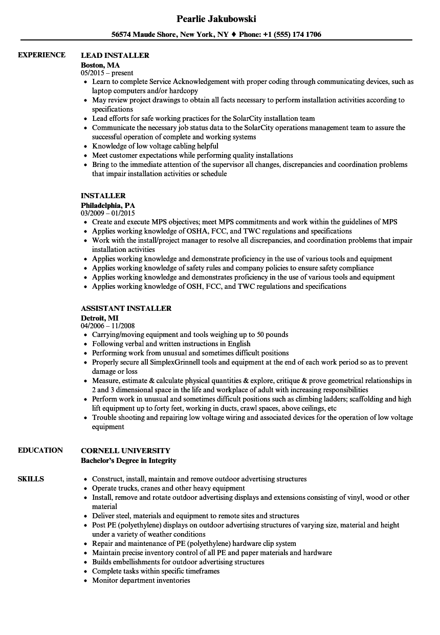 Installer Resume Samples Velvet Jobs