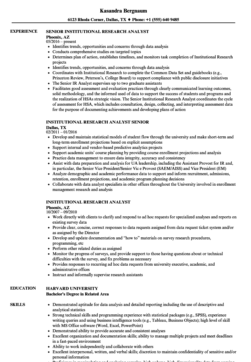 Institutional Research Analyst Resume Samples  Velvet Jobs