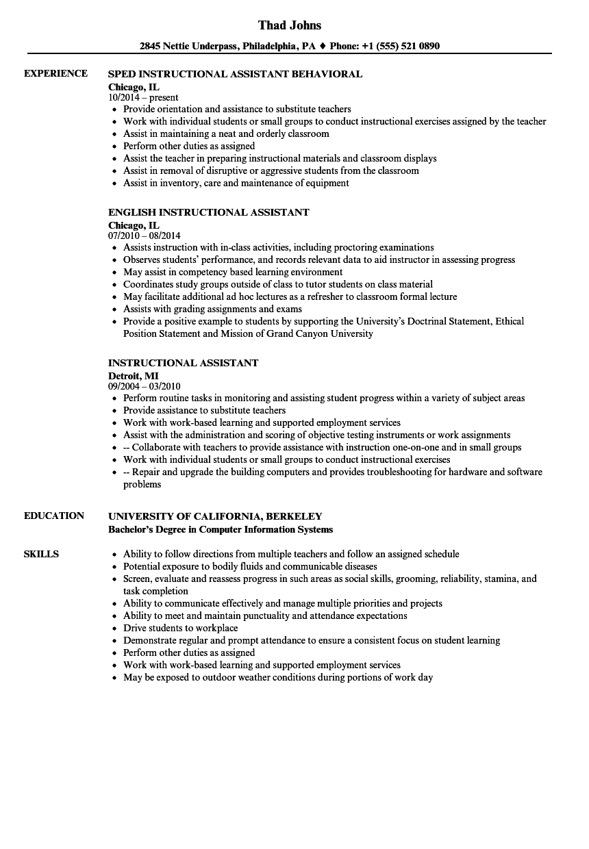 instructional assistant job description for resume