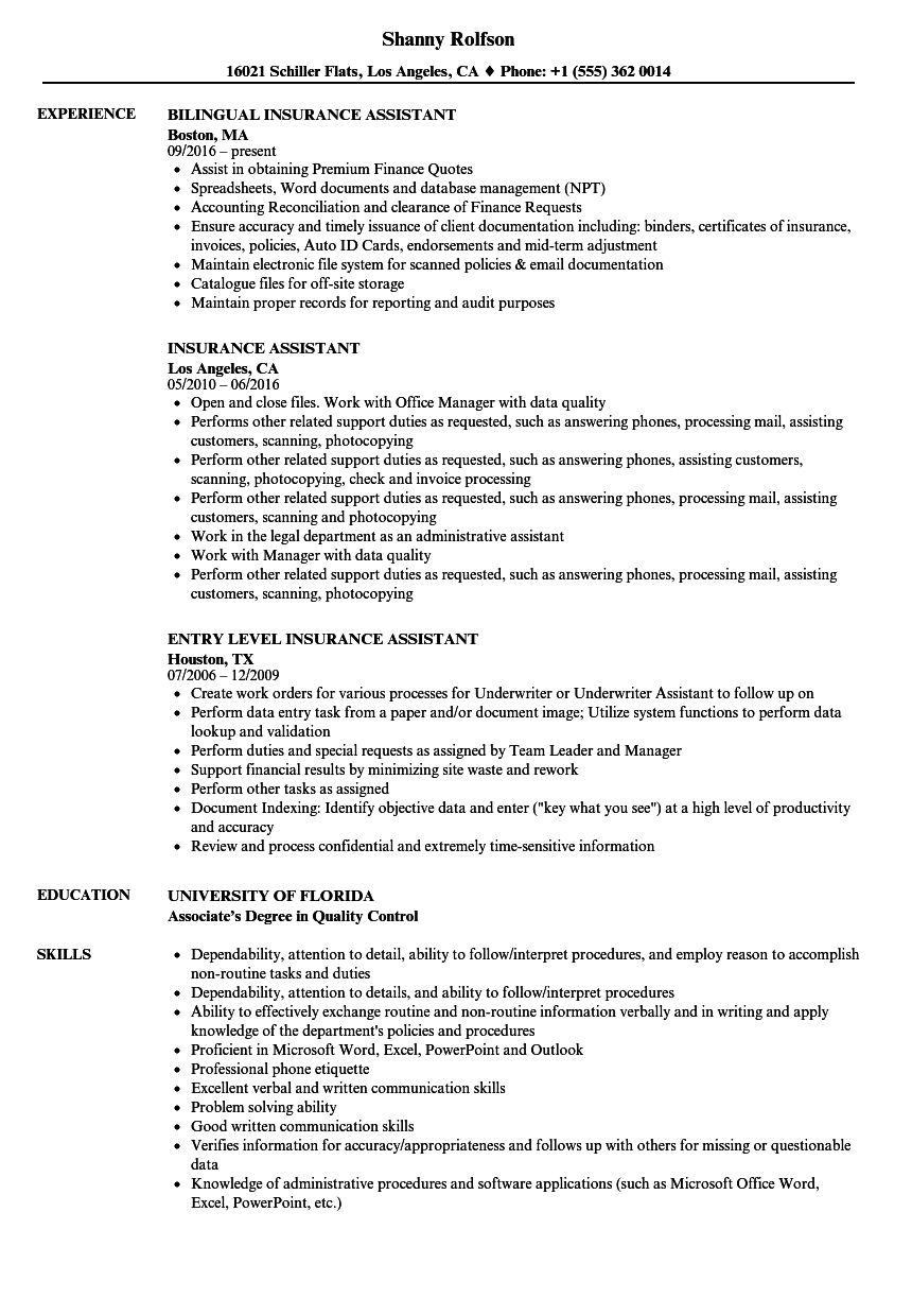 Insurance Assistant Resume Samples  Velvet Jobs