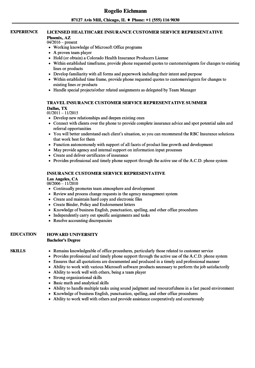 Insurance Customer Service Representative Resume Samples | Velvet Jobs