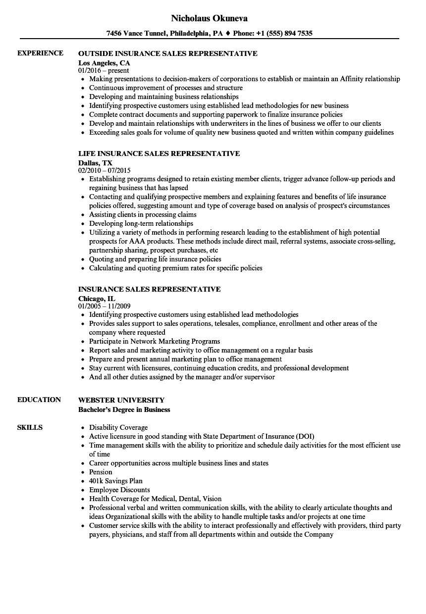 Insurance Sales Representative Resume Samples | Velvet Jobs