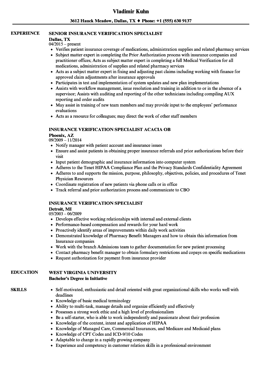 Insurance Verification Specialist Resume Feebtctkn