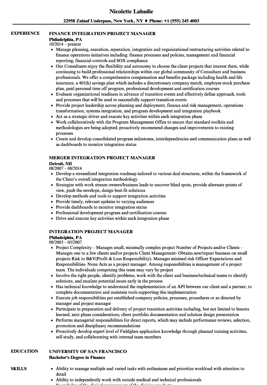 Integration Project Manager Resume Samples Velvet Jobs