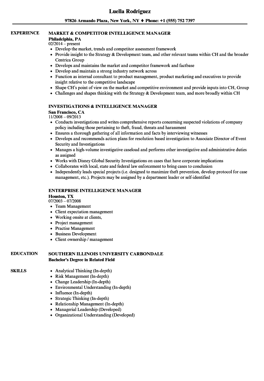 Intelligence Manager Resume Samples | Velvet Jobs