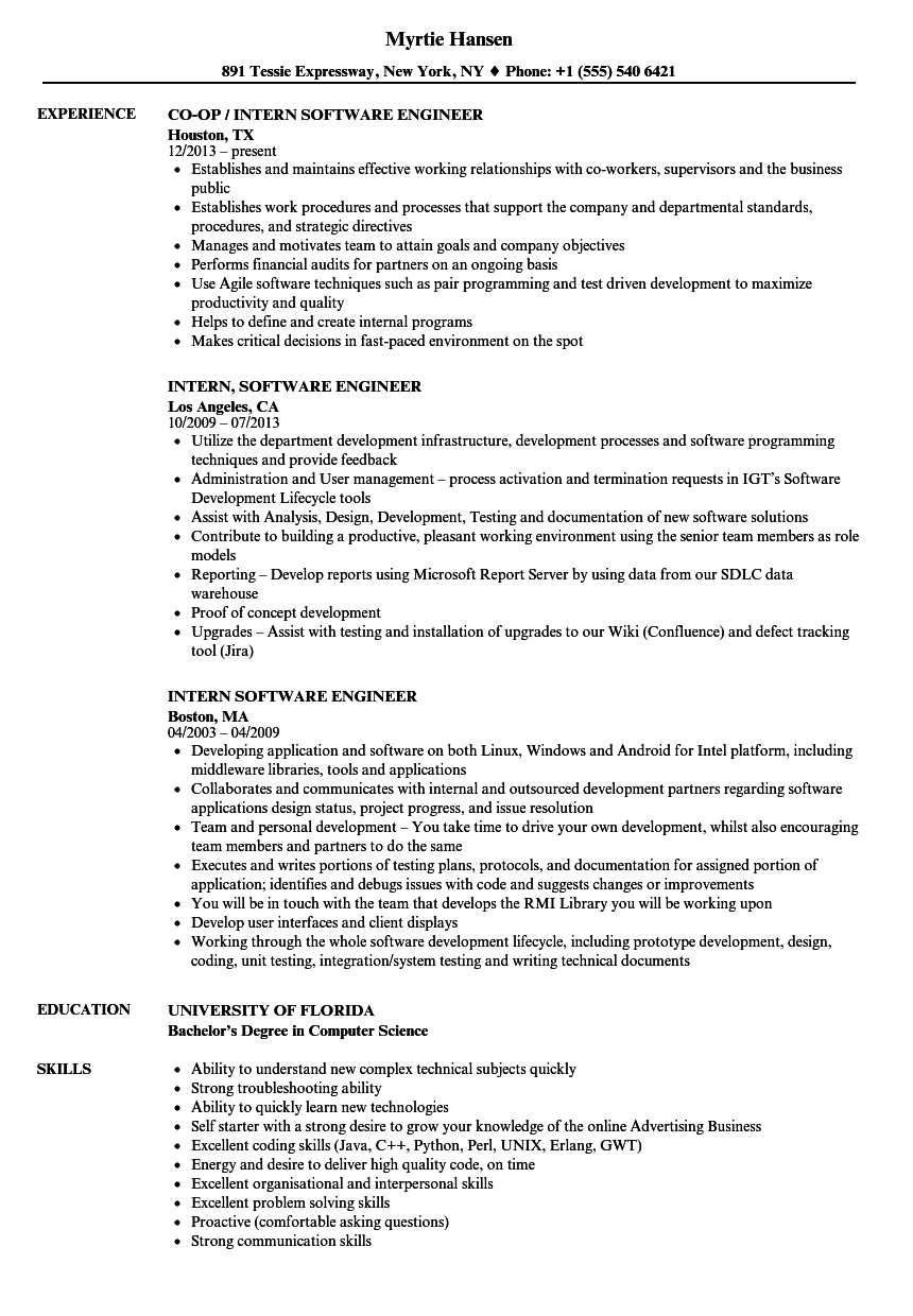 Intern, Software Engineer Resume Samples | Velvet Jobs