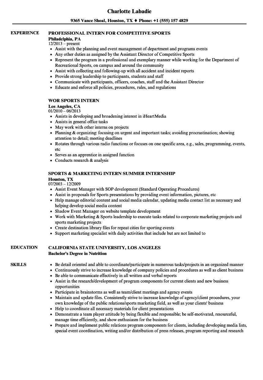 Intern Sports Resume Samples Velvet Jobs