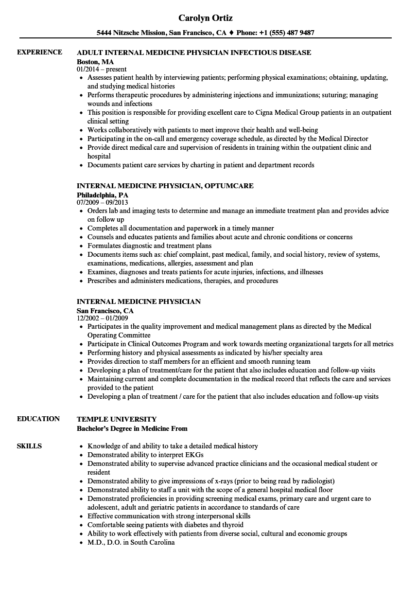 Internal Medicine Physician Resume Samples Velvet Jobs