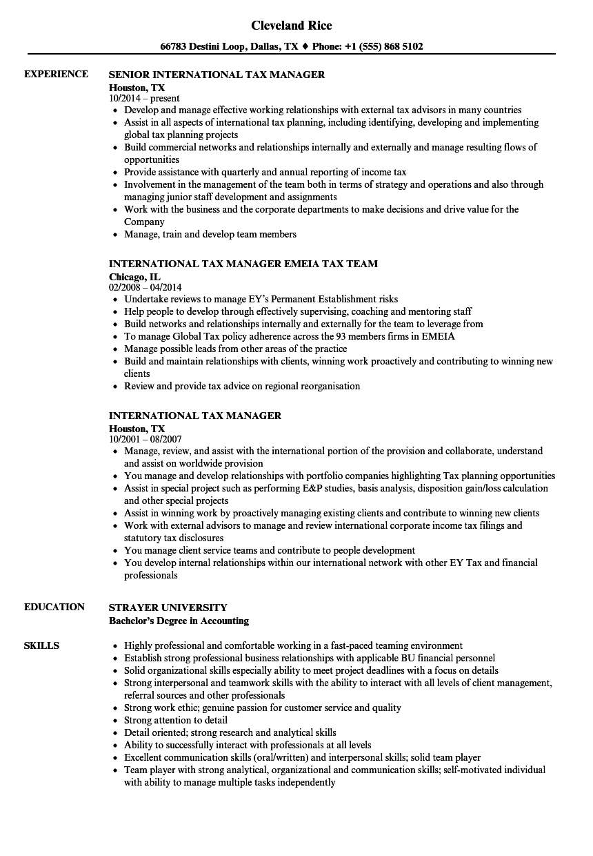 resume example for international tax manager