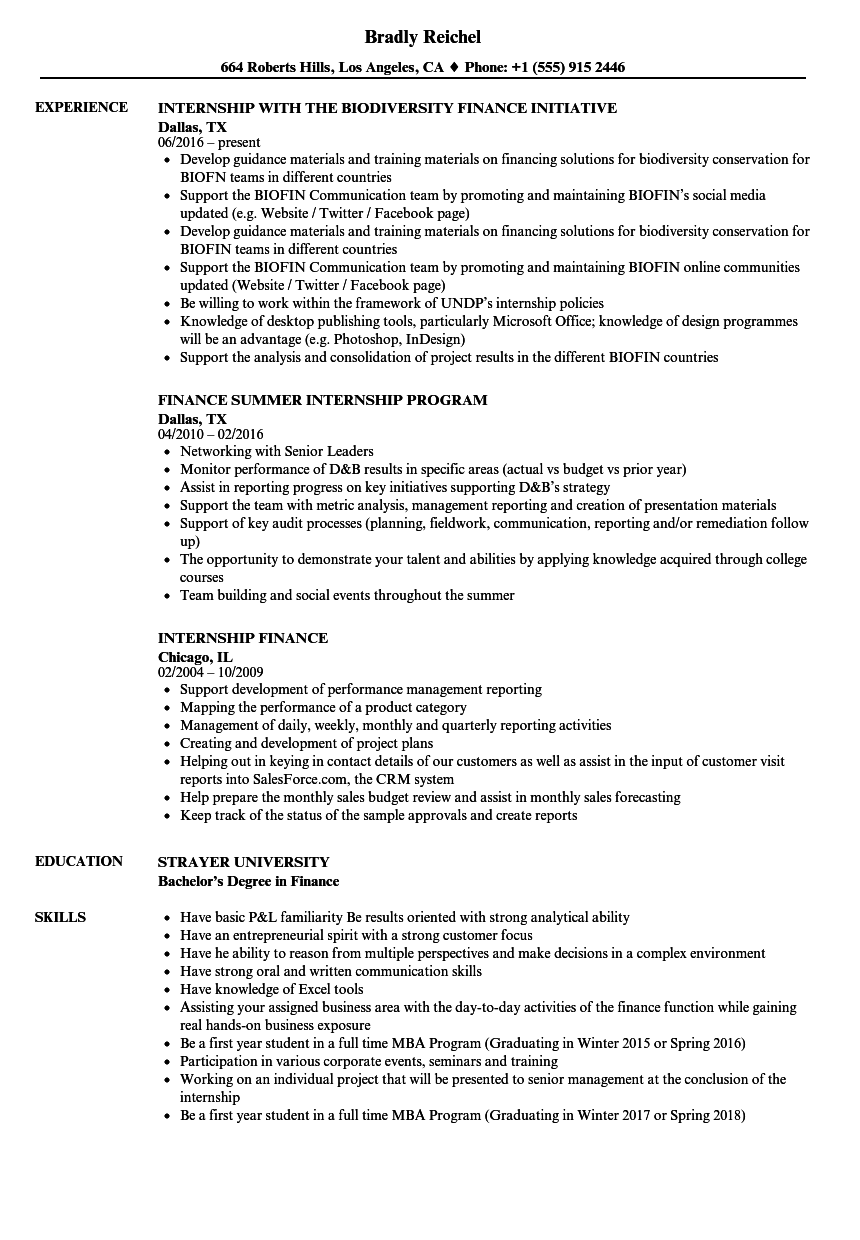 finance internship description for resume