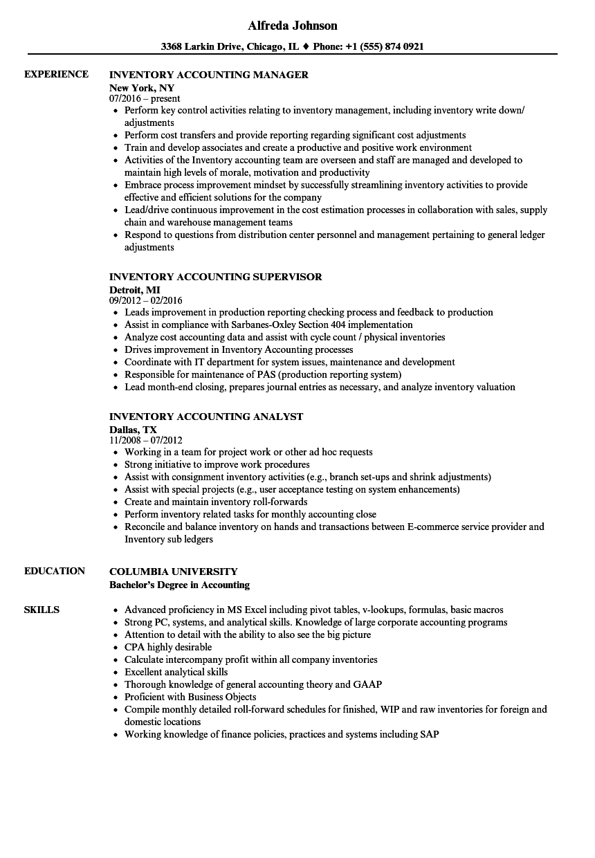 Inventory Accounting Resume Samples  Velvet Jobs