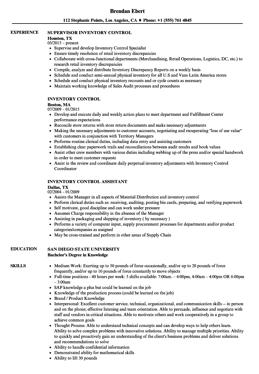 Inventory Control Resume Samples Velvet Jobs