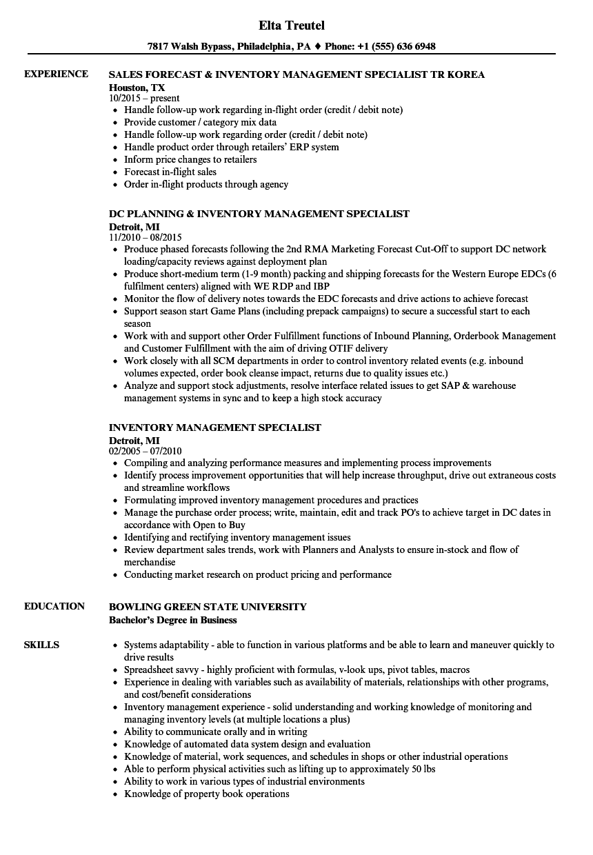 Inventory Management Specialist Resume Samples | Velvet Jobs